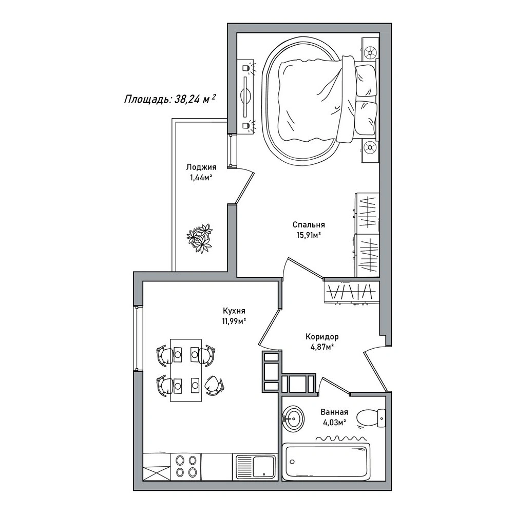 Планировка 1 комнатной Квартира №322