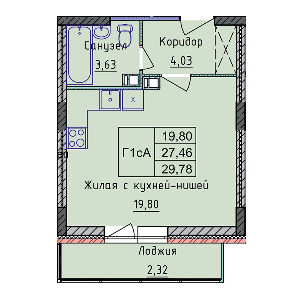Планировка 1 комнатной Студия №107