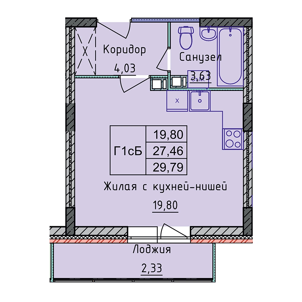 Планировка 1 комнатной Студия №136