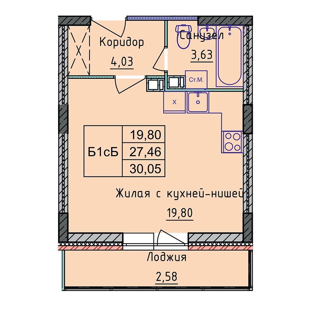Планировка 1 комнатной Студия №41