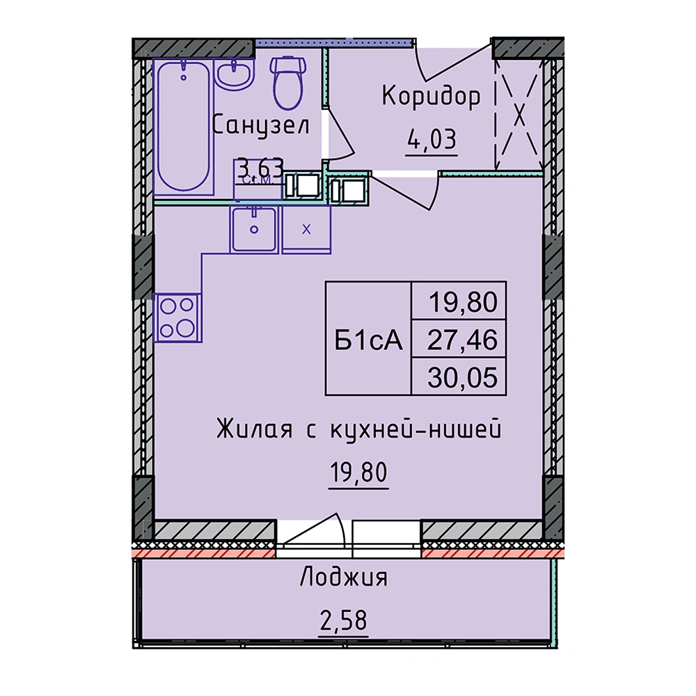 Планировка 1 комнатной Студия №74