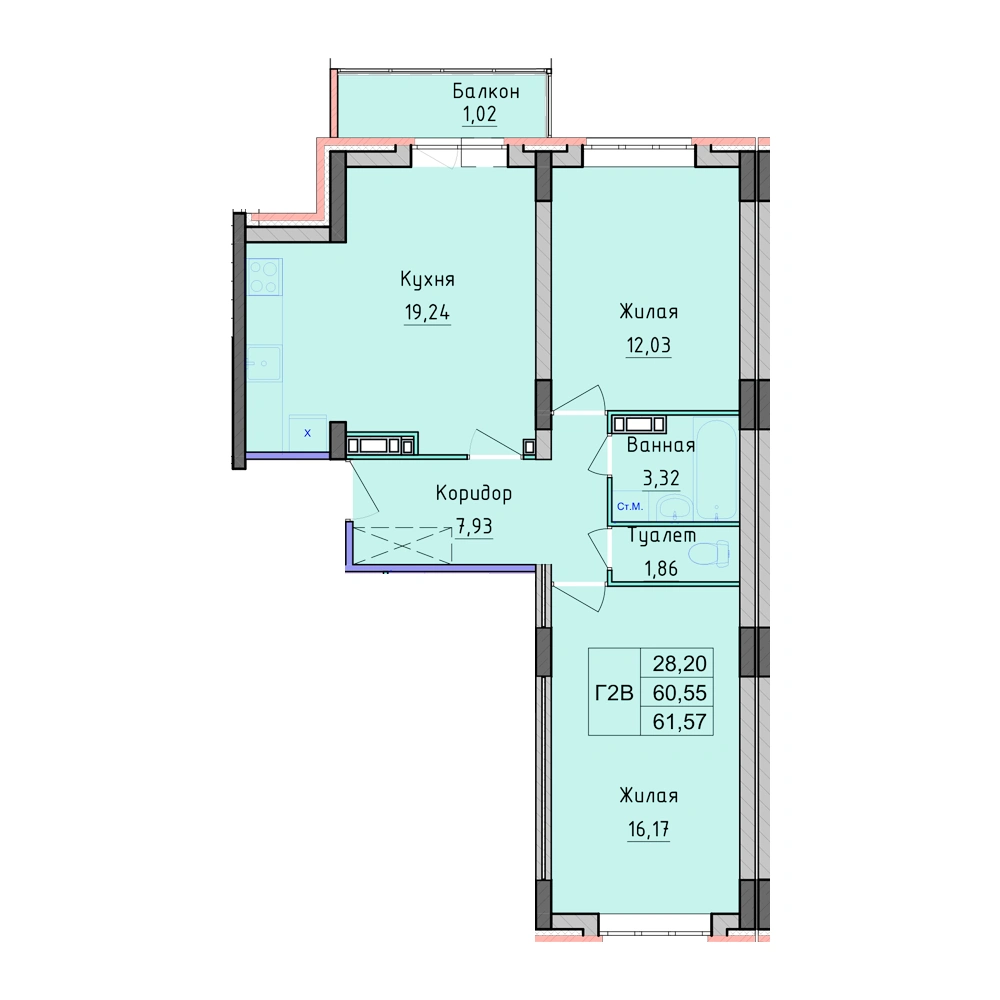 Планировка 2 комнатной Квартира №331