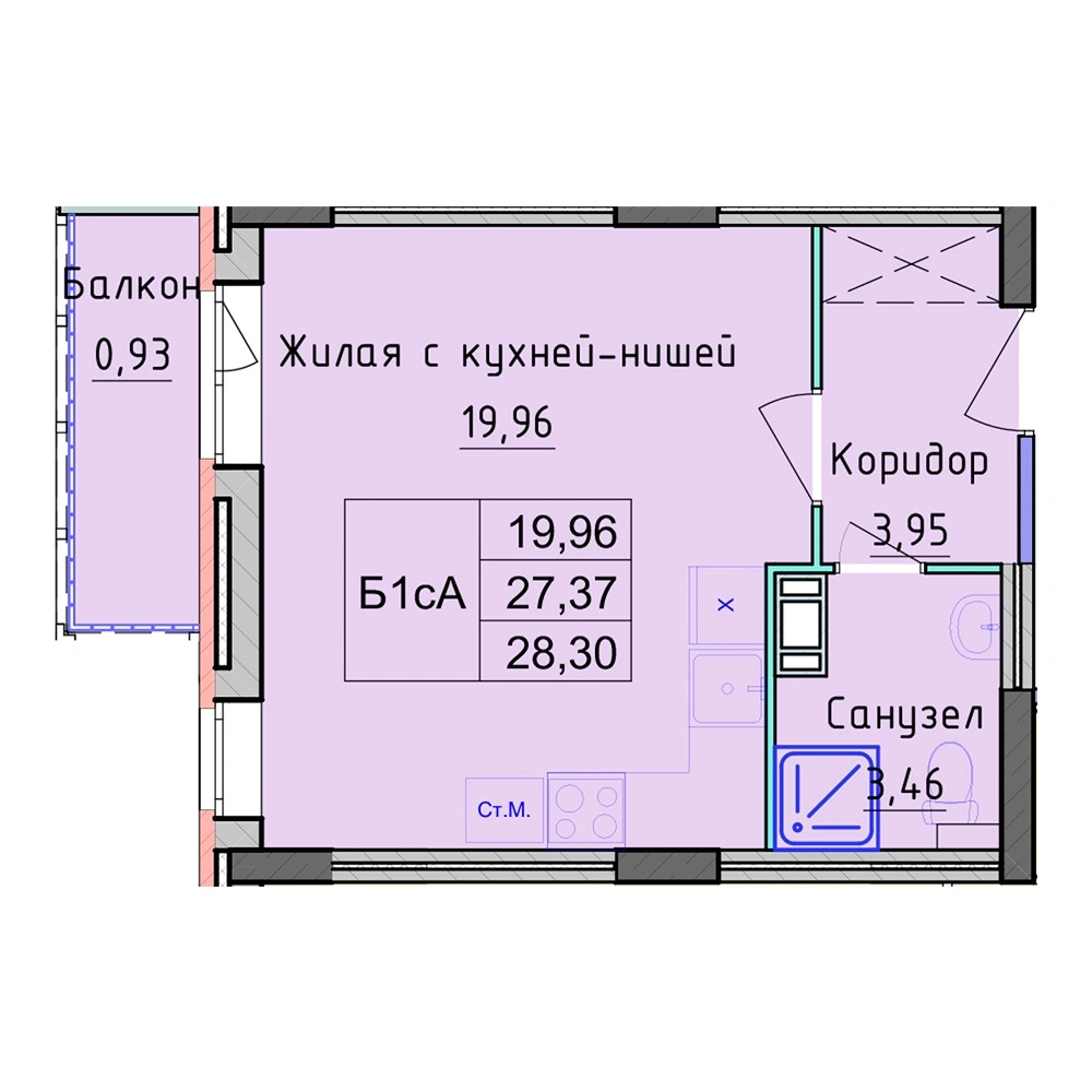 Планировка 1 комнатной Студия №113
