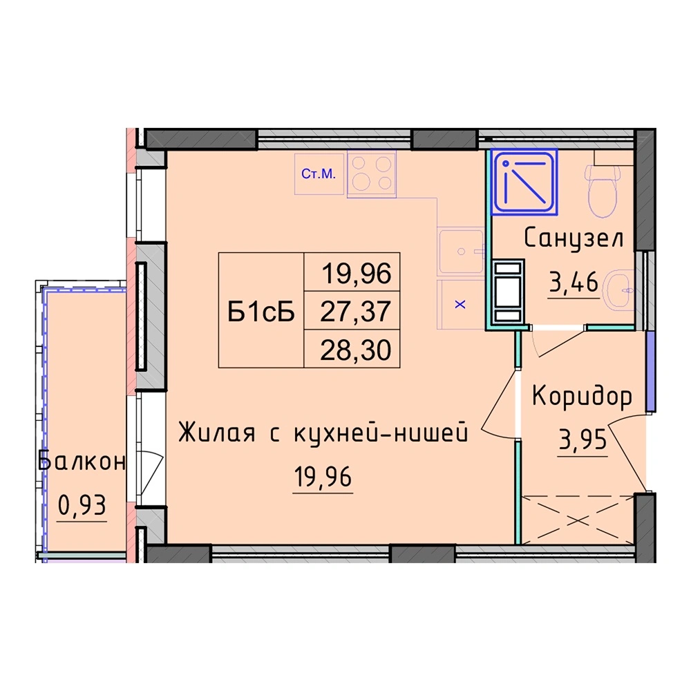 Планировка 1 комнатной Студия №119