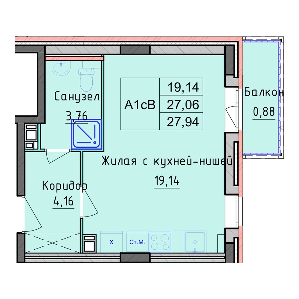Планировка 1 комнатной Студия №30