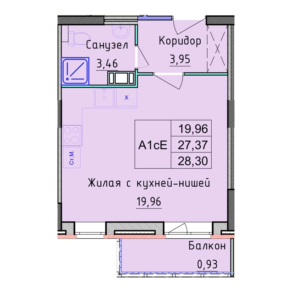 Планировка 1 комнатной Студия №50