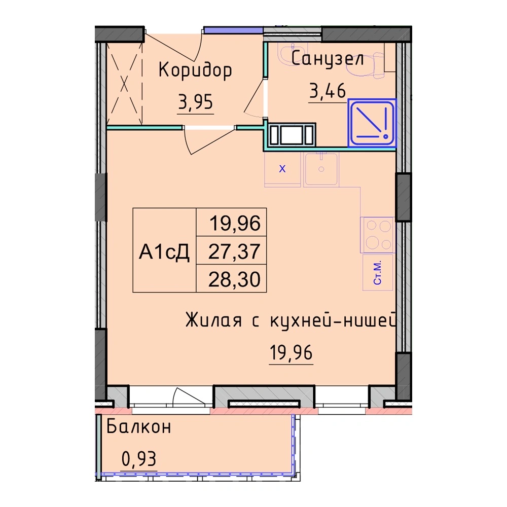 Планировка 1 комнатной Студия №61