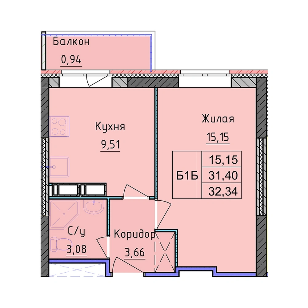 Планировка 1 комнатной Квартира №262
