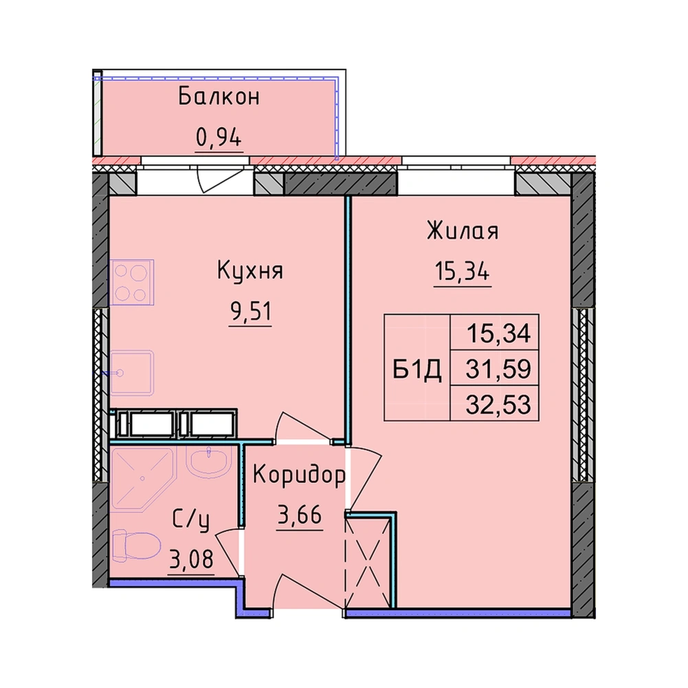 Планировка 1 комнатной Квартира №293