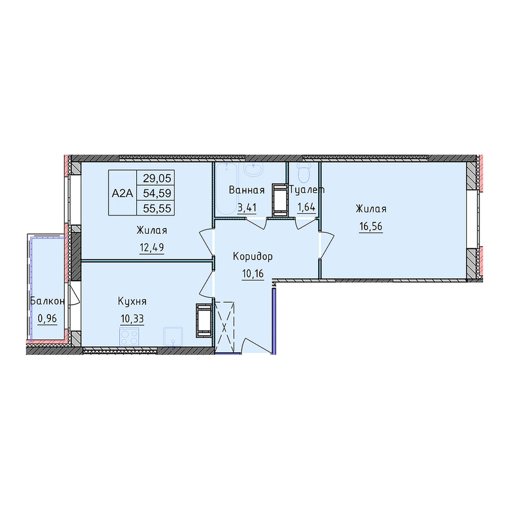 Планировка 2 комнатной Квартира №29