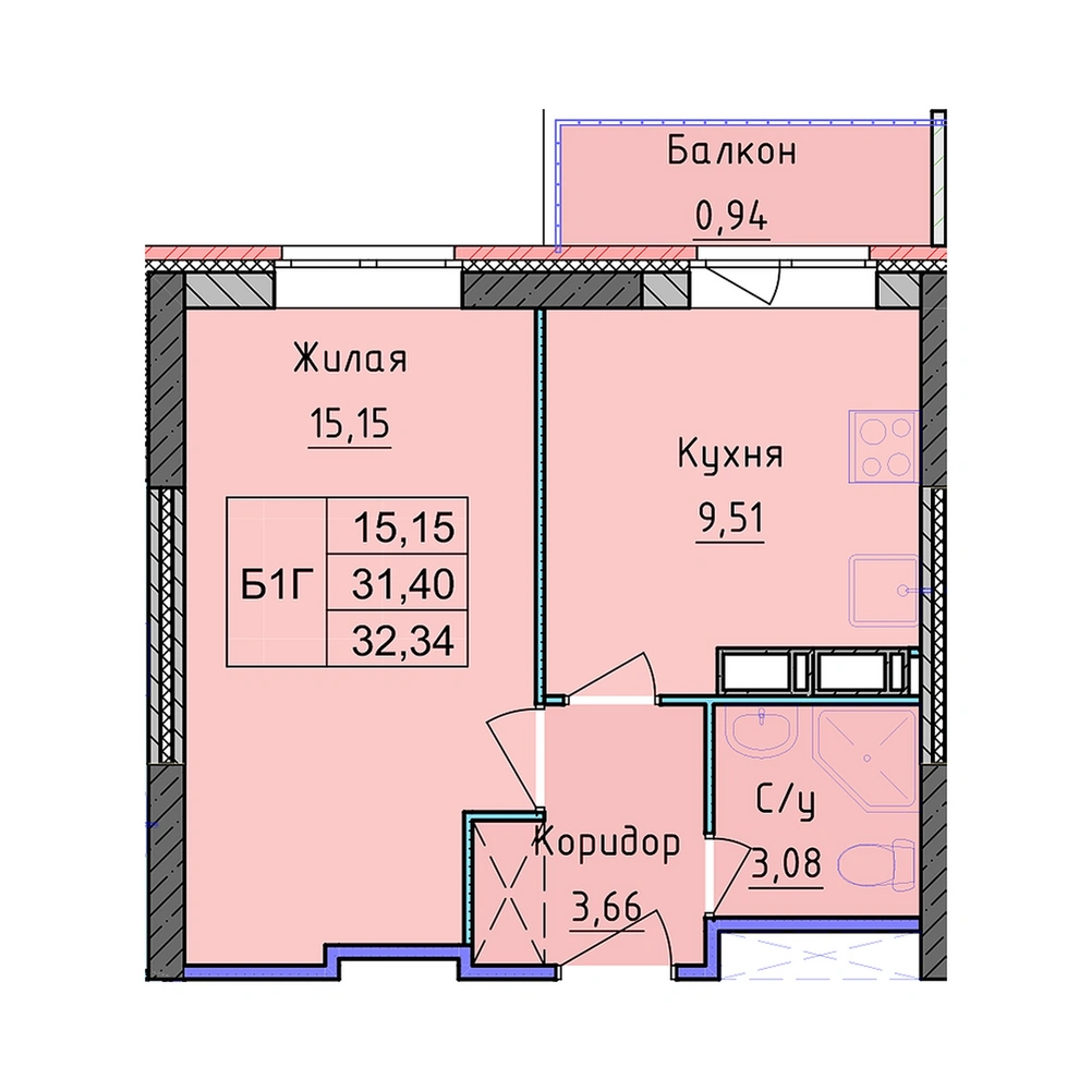 Планировка 1 комнатной Квартира №376