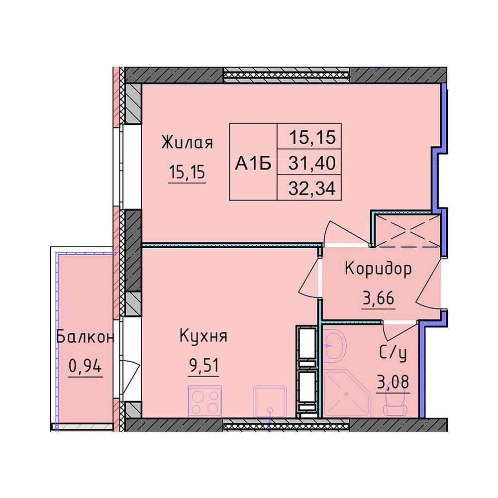 Планировка 1 комнатной Квартира №43