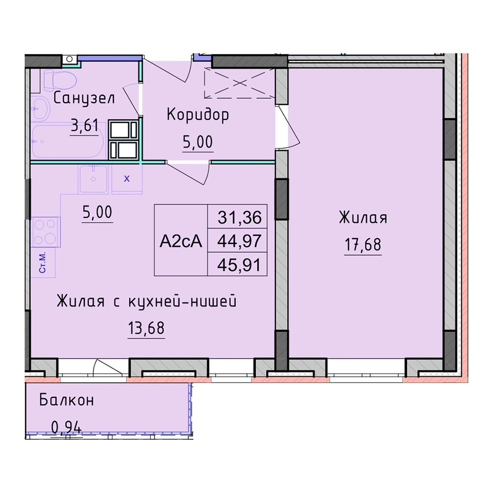 Планировка 1 комнатной Квартира №14