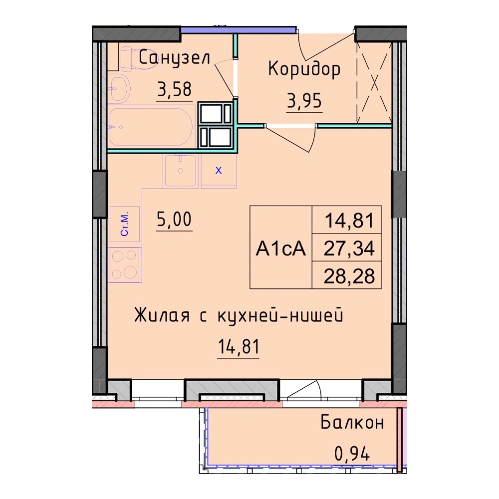 Планировка 1 комнатной Студия №15
