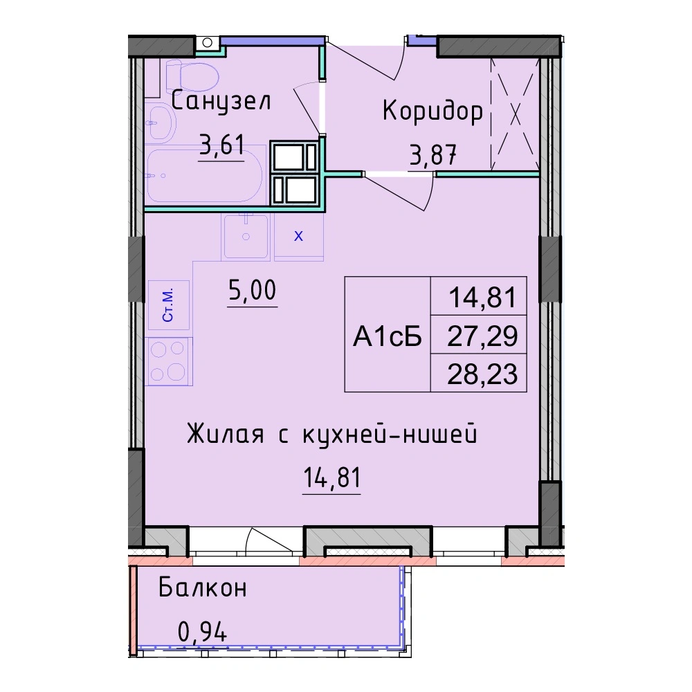 Планировка 1 комнатной Студия №2