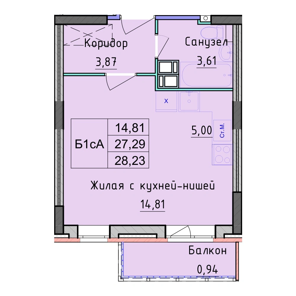 Планировка 1 комнатной Студия №39