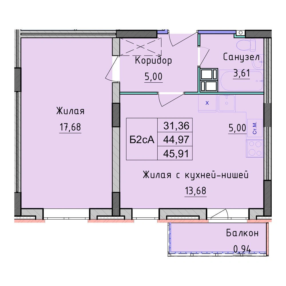 Планировка 1 комнатной Квартира №43