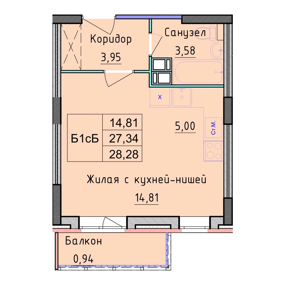 Планировка 1 комнатной Студия №46