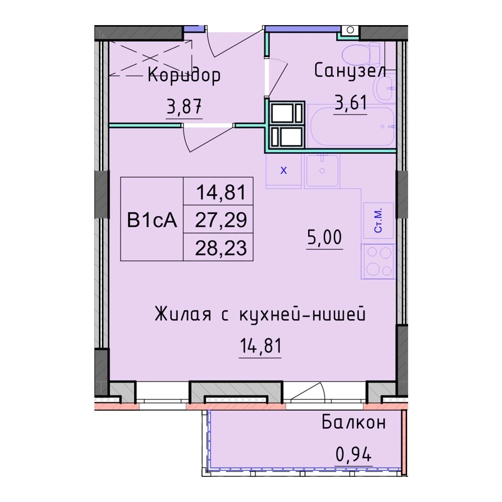 Планировка 1 комнатной Студия №75
