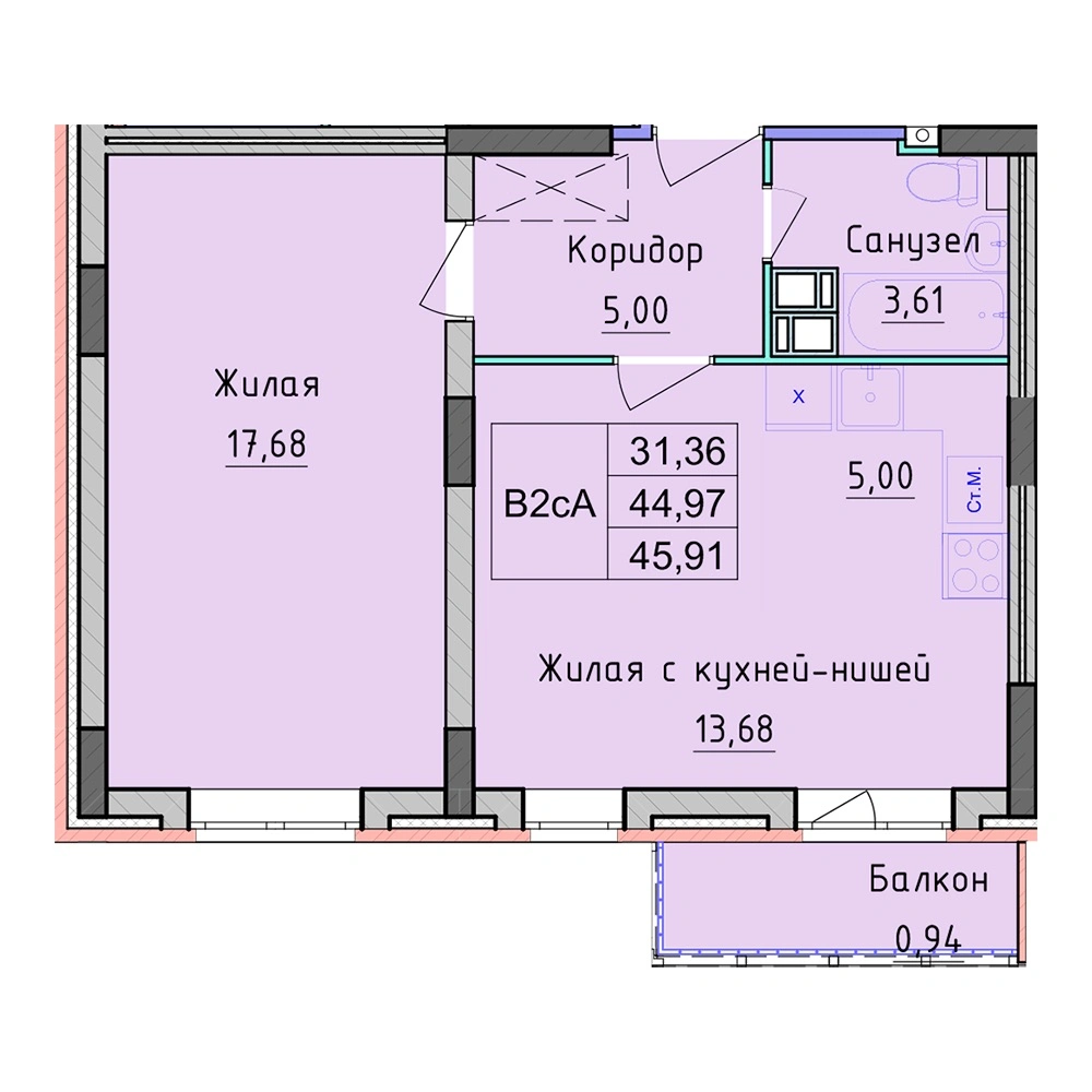 Планировка 1 комнатной Квартира №83