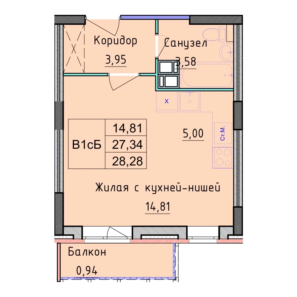 Планировка 1 комнатной Студия №90