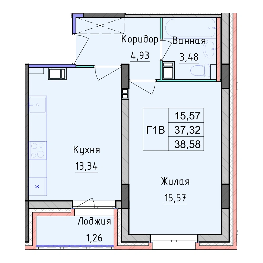 Планировка 1 комнатной Квартира №108