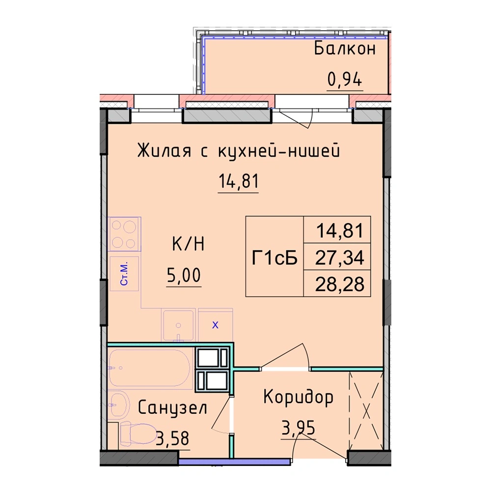 Планировка 1 комнатной Студия №118