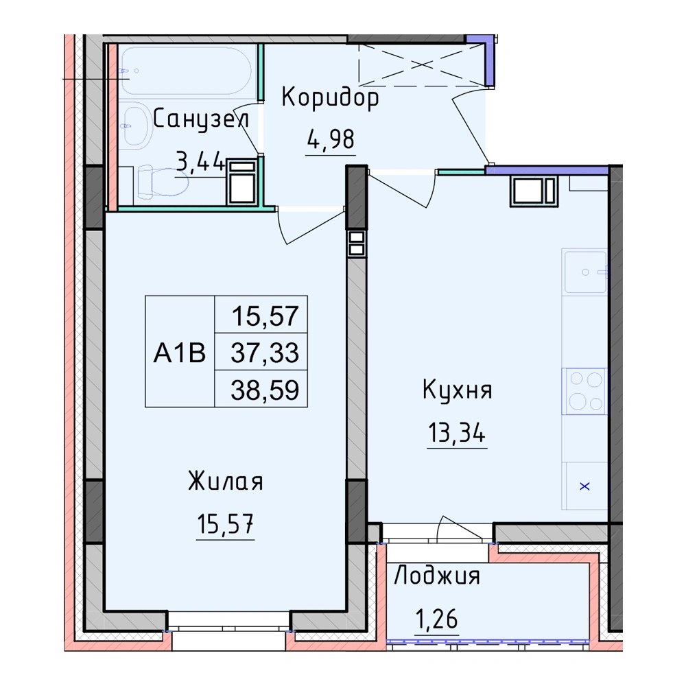 Планировка 1 комнатной Квартира №13