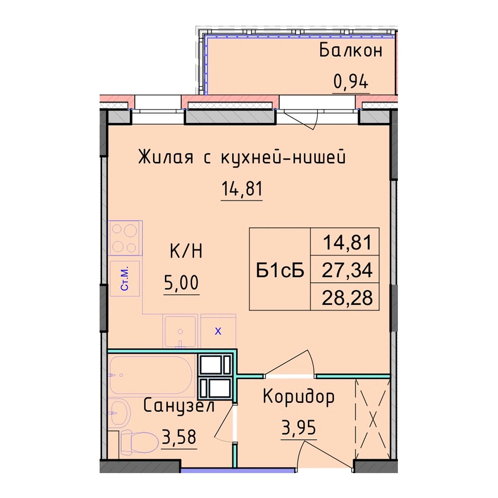 Планировка 1 комнатной Студия №50