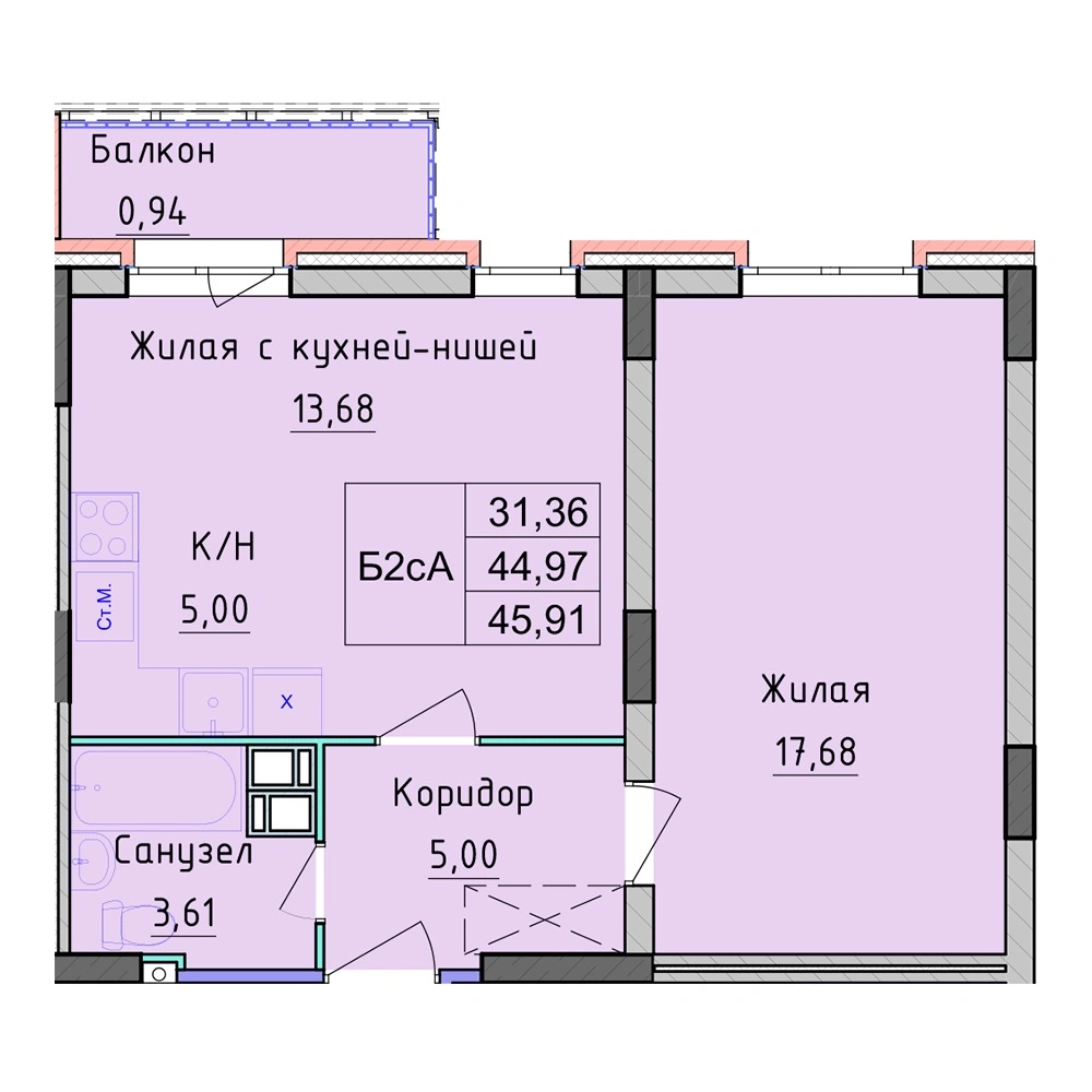 Планировка 1 комнатной Квартира №55