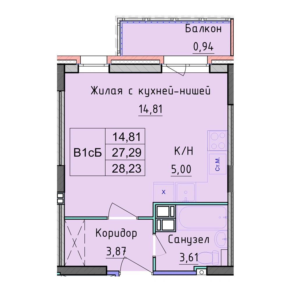 Планировка 1 комнатной Студия №66