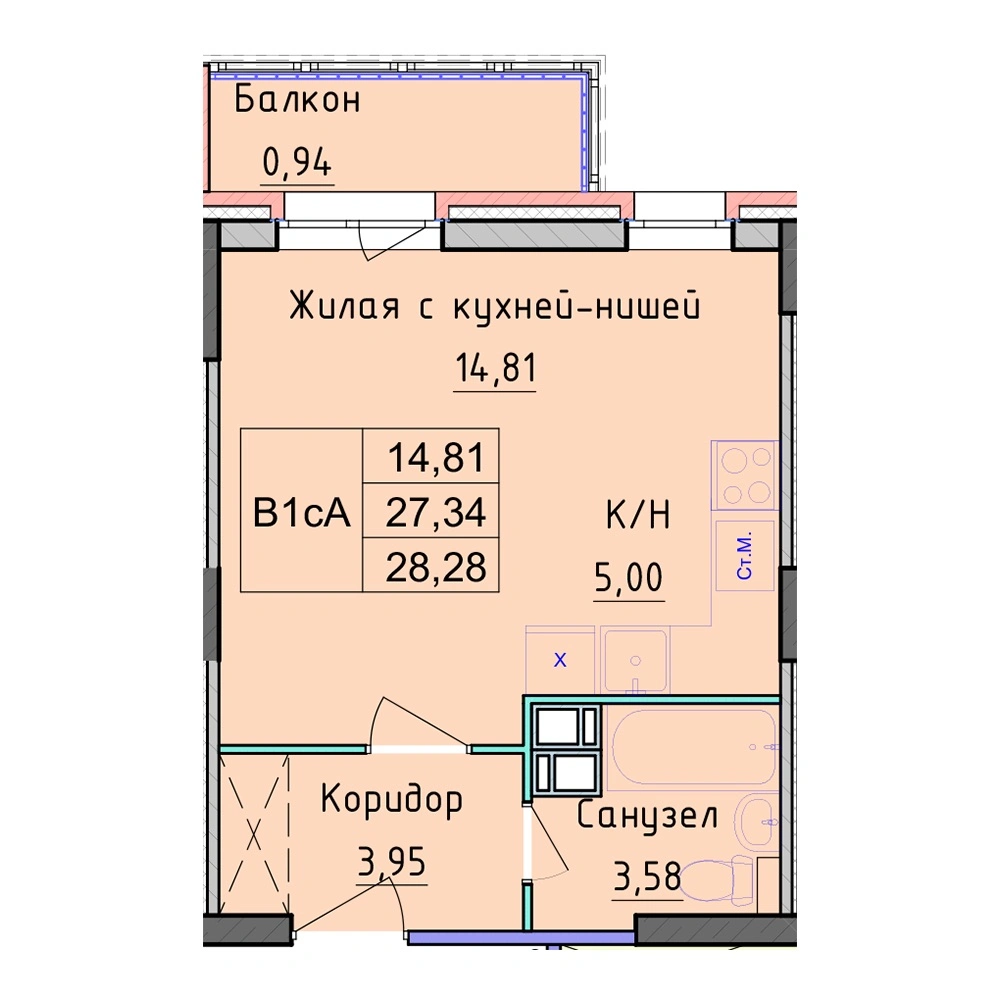 Планировка 1 комнатной Студия №67