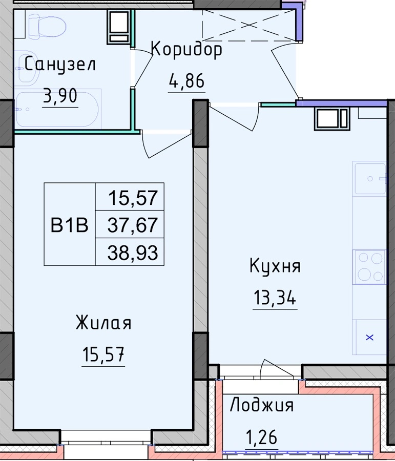 Планировка 1 комнатной Квартира №69