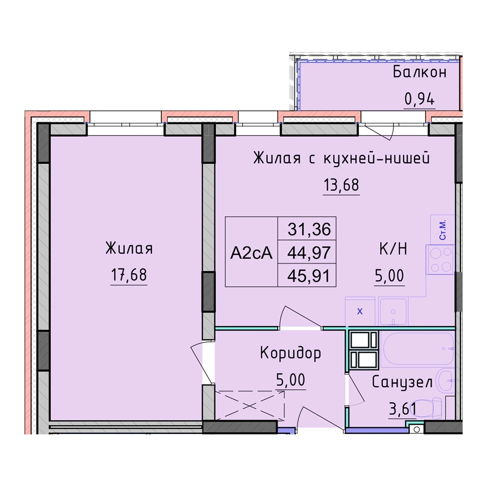 Планировка 1 комнатной Квартира №6