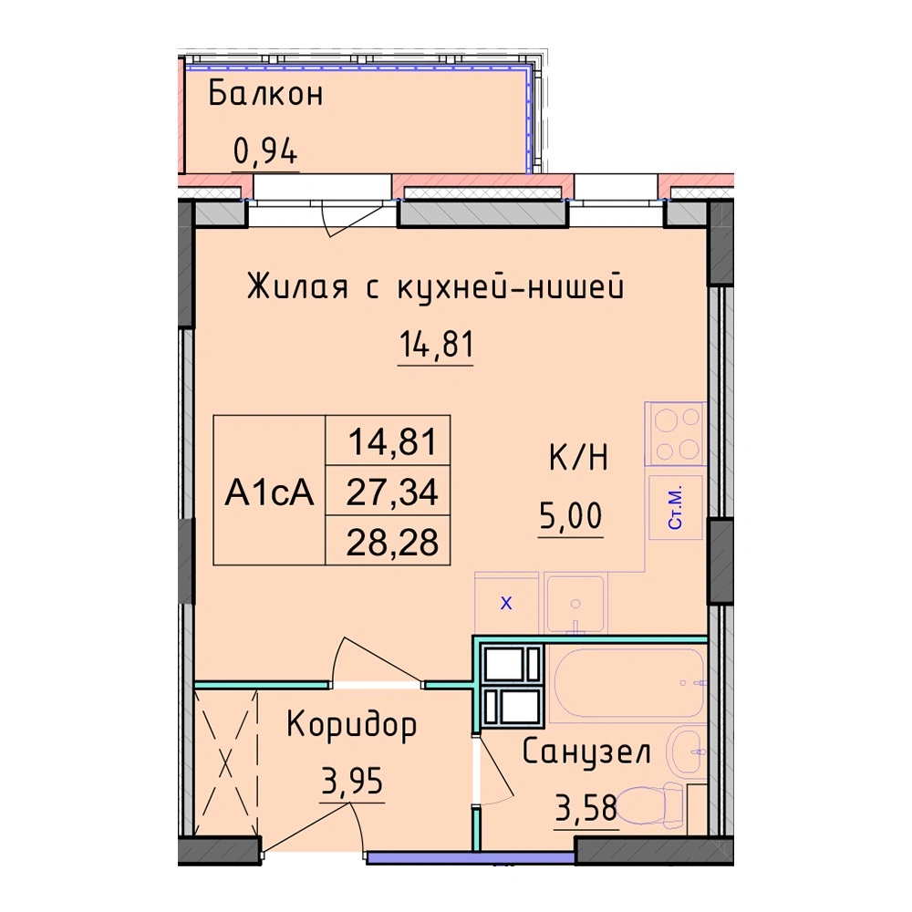 Планировка 1 комнатной Студия №7