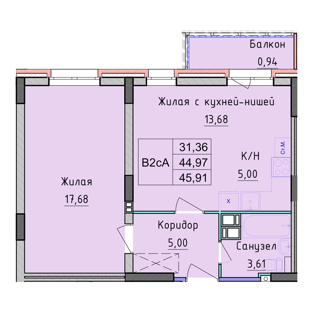 Планировка 1 комнатной Квартира №94