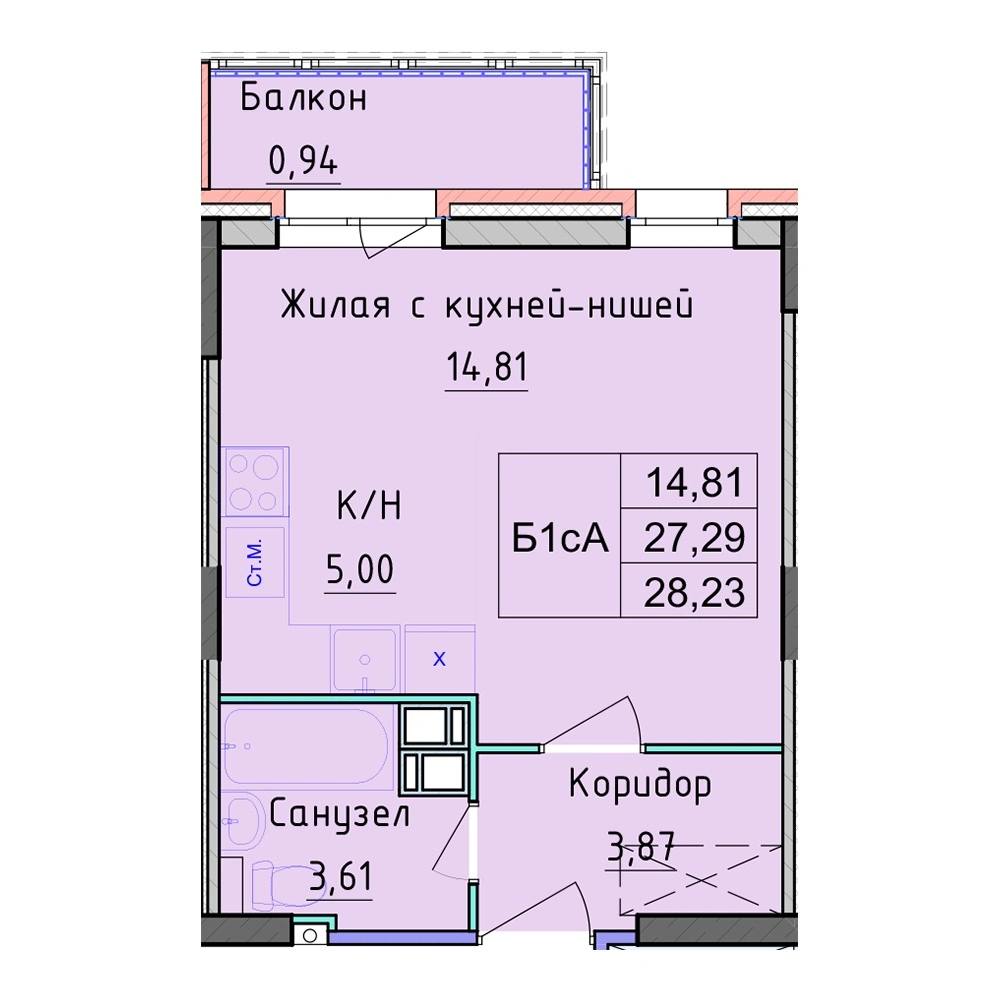 Планировка 1 комнатной Студия №35